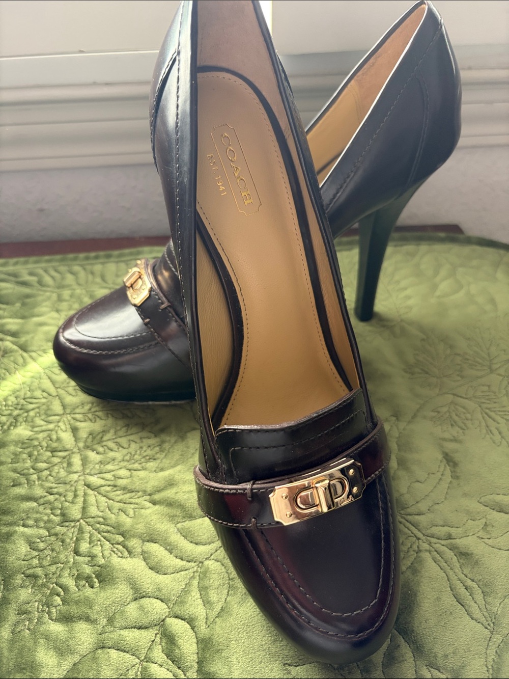 COACH Women's Dark Burgundy {Chocolate Brown} Heeled Loafers with Gold Hardware